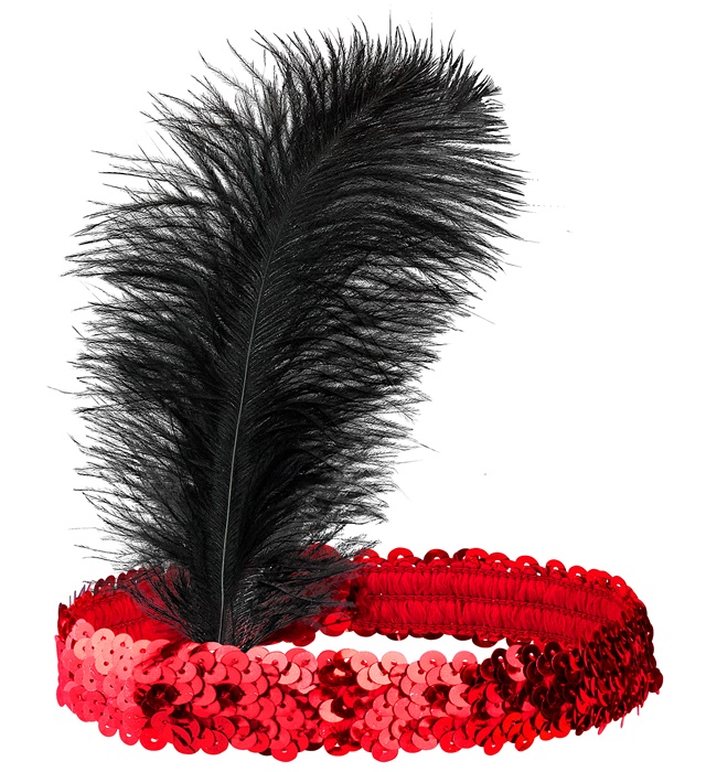 [01941] "BANDEAU EN PAILLETTES ROUGE AVEC PLUMES"