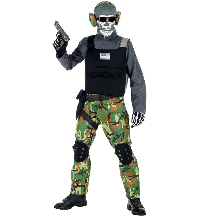 [00126] "SQUELETTE SOLDAT" (salopettes, gilet, genouillères, ceinture, étui, masque, lunettes, écouteurs) (5-7 ans)