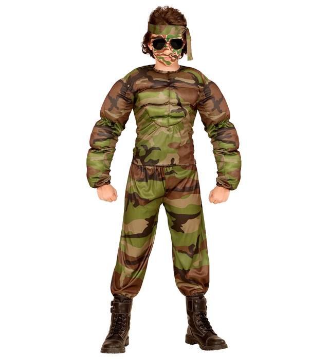 [00516] "SUPER SOLDAT MUSCLE" (shirt muscle, pantalon, tour de tête) (5-7 ans)