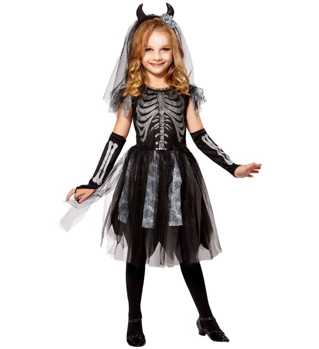 "MARIEE DEMONSQUELETTE" (robe, mitaines, voile de mariée avec cornes)