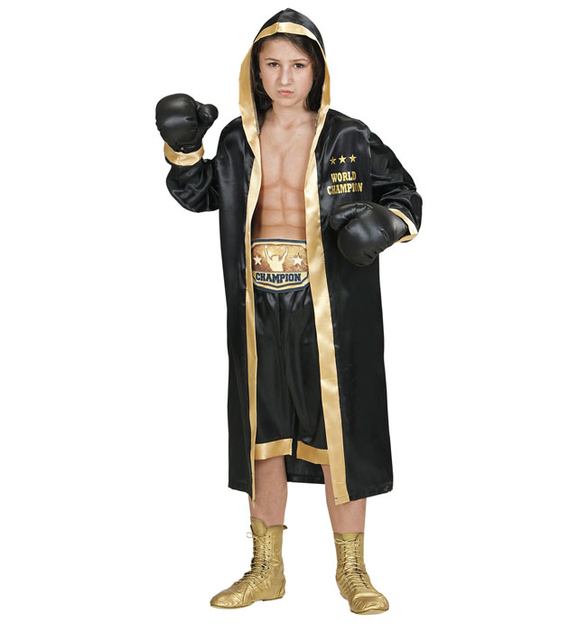 "CHAMPION DU MONDE DE BOXE" (peignoir à capuche, short, ceinture, gants de boxe)