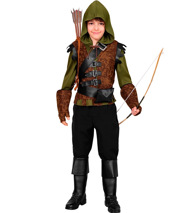 [22475] "ROBIN DES BOIS" (chemise à capuche avec veste, ceinture avec boucle, ceinture avec pochette, gants, hauts de botte) (4-5 ans)