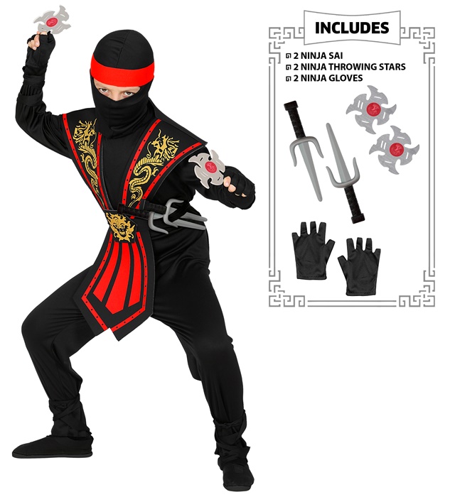 [38565] "COMBAT NINJA ROUGE AVEC ARMES" (combinaison, armure, ceinture, protection pour bras et jambe, masque, bandeau, gants, 2 dagues de Ninja, 2 étoiles à lancer de Ninja) (4-5 ans)
