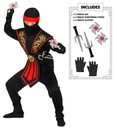 "COMBAT NINJA ROUGE AVEC ARMES" (combinaison, armure, ceinture, protection pour bras et jambe, masque, bandeau, gants, 2 dagues de Ninja, 2 étoiles à lancer de Ninja)