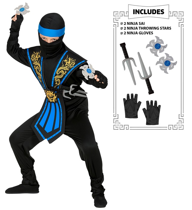 "COMBAT NINJA BLEU AVEC ARMES" (combinaison, armure, ceinture, protection pour bras et jambe, masque,bandeau, gants, 2 dagues de Ninja, 2 étoiles à lancer de Ninja)