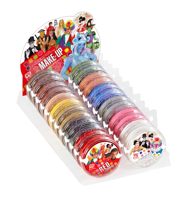 “MAQUILLAGE CARNAVAL EN POT” 25 g – Présentoir de 24 (6 blanche, 6 noir, 2 rouge, 2 argent, 2 doré, 2 bleu, 2 jaune, 2 vert)