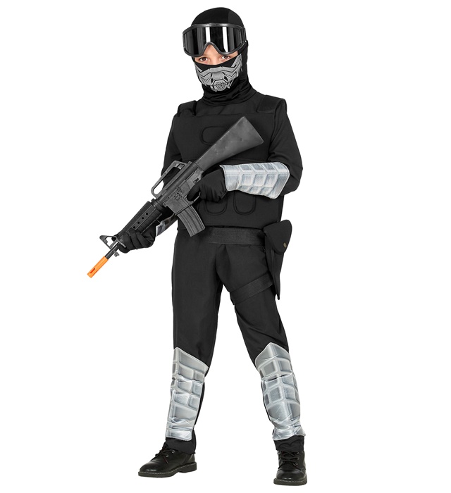 "FORCES SPECIALES" (combinaison, gilet utilitaire, masque avec capuche, lunettes de protection, ceinture avec étui, protège-bras, protège-tibias, gants)