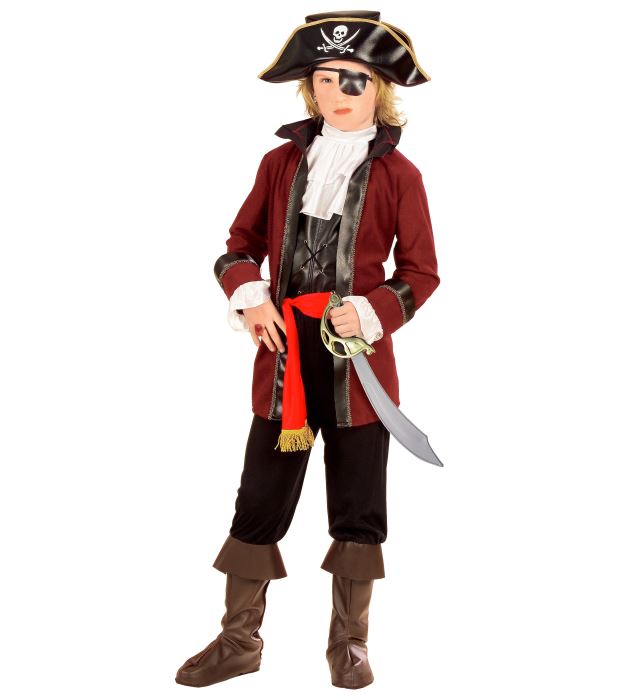 "PIRATE DE L'ILE AU TRESOR" (casaque, veste avec jabots, pantalon avec surbottes, ceinture, chapeau, bande pour oeil)