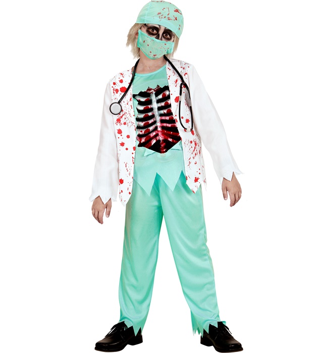 [05766] "DOCTEUR ZOMBIE" (veste ensanglantee, t-shirt avec thorax en EVA, pantalon, coiffe, masque de visage, stethoscope) (5-7 ans)