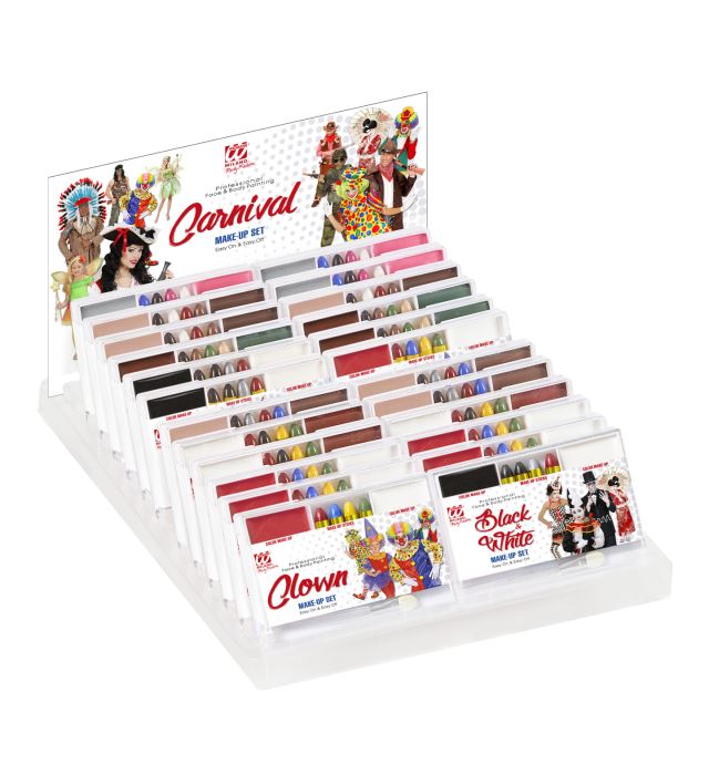 "Assortiment de 24 SET DE MAQUILLAGE DE CARNAVAL" (3 clown, 3 cow boy, 3 indien, 3 pirate, 3 soldat, 3 noir et blanc, 3 fée)
