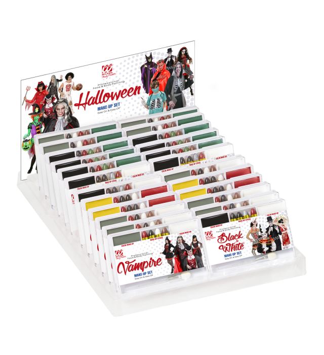 "Assortiment de 24 SET DE MAQUILLAGE DE HALLOWEEN" (6 vampire, 6 sorcière, 4 diable, 4 zombie, 4 noir etblanc)