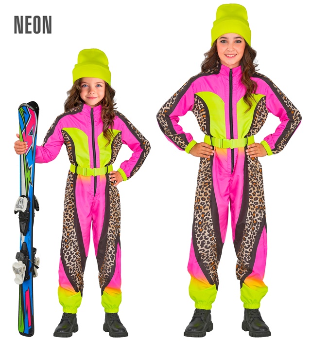 "COMBINAISON DE SKI LÉOPARD ANIMALIER ROSE-JAUNE NÉON" (combinaison, ceinture)