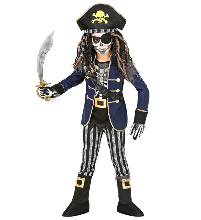 [97325] "SQUELETTE CAPITAINE PIRATE" (manteau avec chemise, ceinture avec étui épée, pantalon avec couvre-bottes, chapeau avec bandana) (4-5 ans)