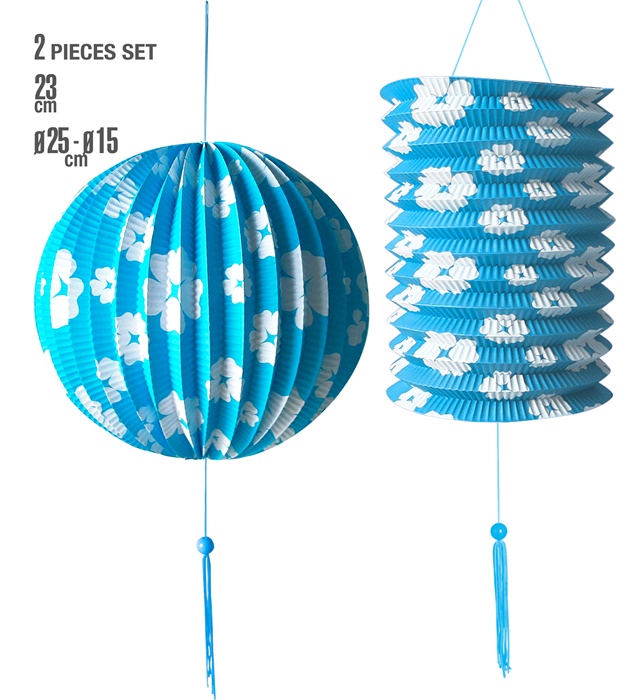 [02533] Set de "BOULE EN PAPIER BLEU Ø 25 cm & LANTERNE  Ø 15 cm - h 23 cm IMPRIMEES AVEC FLEURS BLANCHES"
