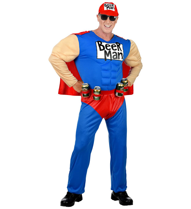 [02571] "SUPER BEER MAN" (combinaison de muscle avec cap, ceinture avec canettes, casquette) (S)