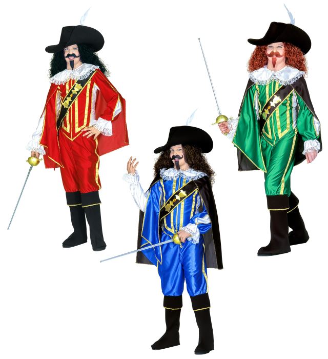 [43996] "MOUSQUETAIRE" 3 coul. (chemise avec casaque, pantalon, surbottes, cape, chapeau) (5-7 ans)