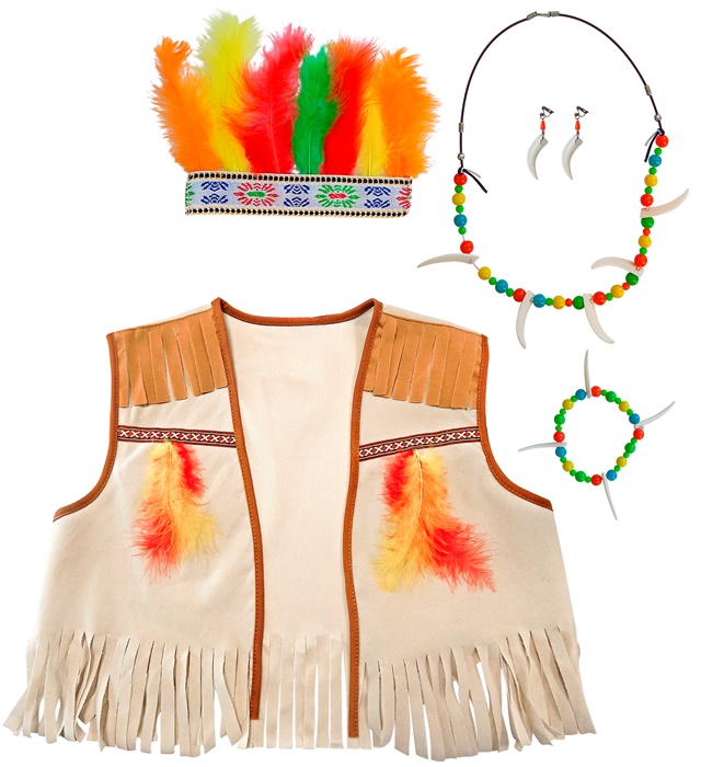 "SET D' INDIENNE" veste, serre tete avec plumes boucles d'oreilles collier et bracelet