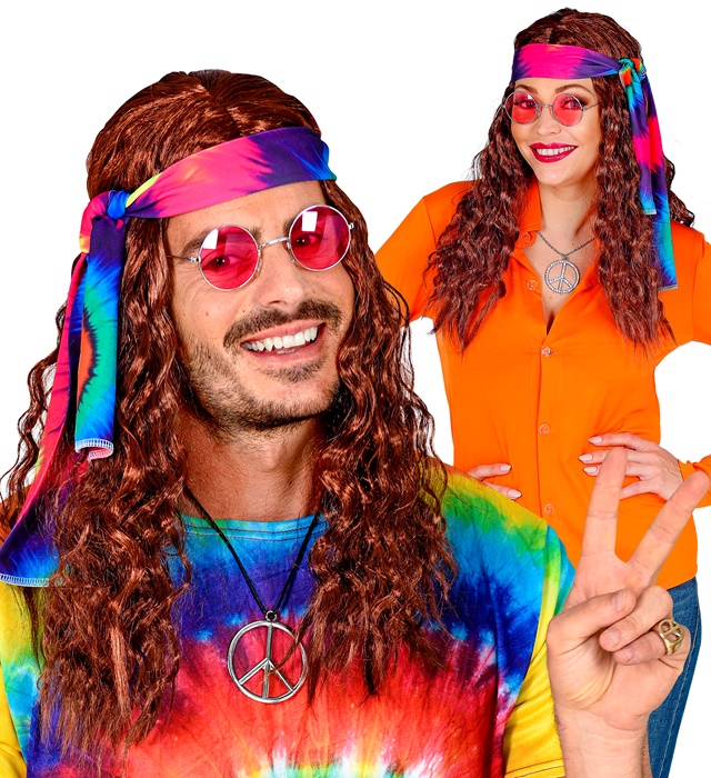 "PERRUQUE HIPPIE MARRON AVEC BANDEAU TEINTE" en boite
