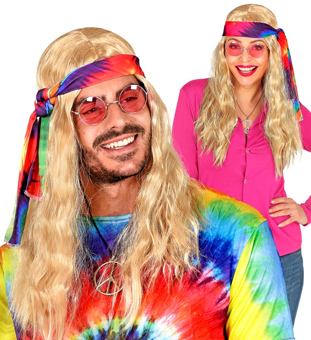 [02849] "PERRUQUE HIPPIE BLONDE AVEC BANDEAU TEINTE" en boite