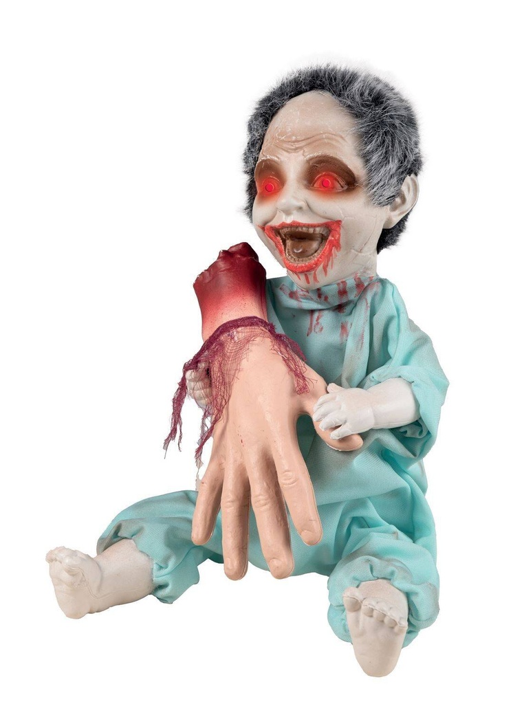 Zombie maniaque avec main arraché - animé, sonore, lumineux - 30cm