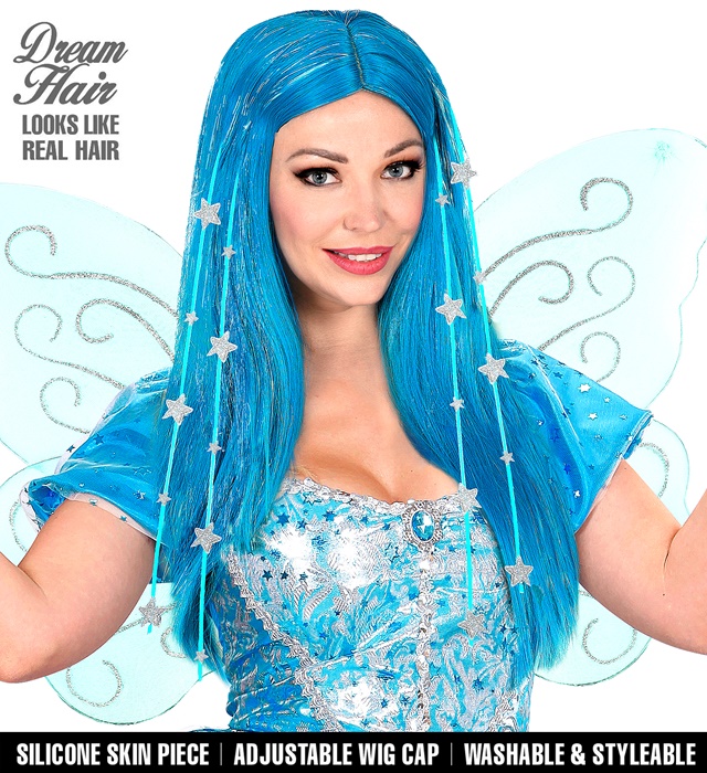 [02997] "PERRUQUE CHEVEUX DE REVE FEE AVEC GUIRLANDE, ETOILES ET GARNITURE EN SILICONE" en boite PVC en couleur