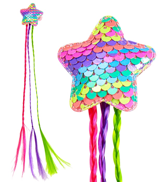 [03005] "EXTENSION DE CHEVELURE ETOILE EN PAILLETTES HOLOGRAPHIQUES AVEC 3 TRESSES COLOREES" pour fille