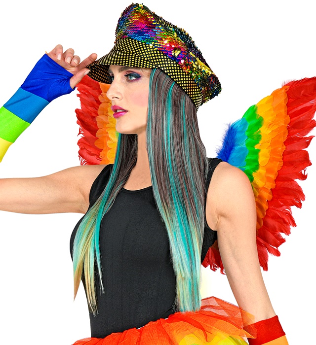 "CASQUETTE EN PAILLETTES ARC EN CIEL AVEC CHEVEUX DE REVE AVEC MECHES"