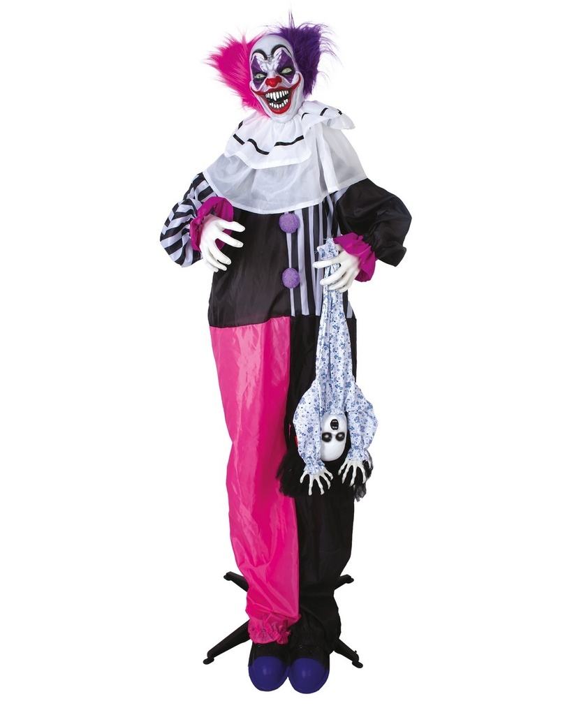 Clown sur pied - rose, noir - animé, sonore, lumineux - 170cm