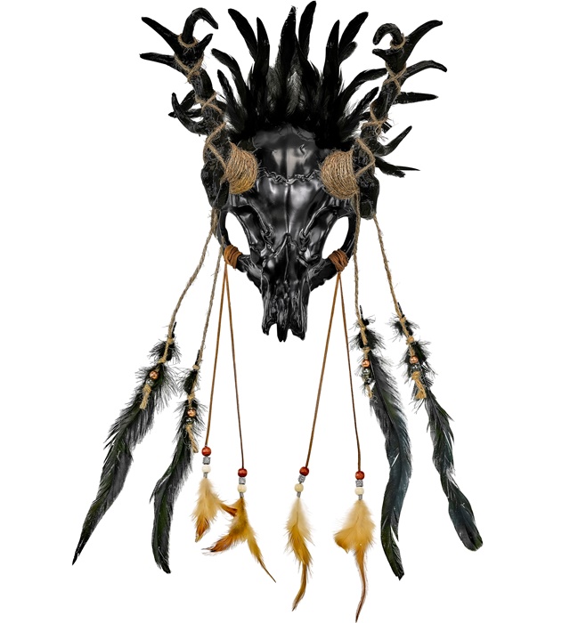 [03227] "MASQUE CHAMAN TAUREAU CRÂNE AVEC PLUMES NOIRES"