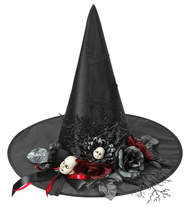 "CHAPEAU DE SORCIERE AVEC CHAUVE-SOURIS, ROSES ET TETES DE POUPEES MORTES VIVANTES"