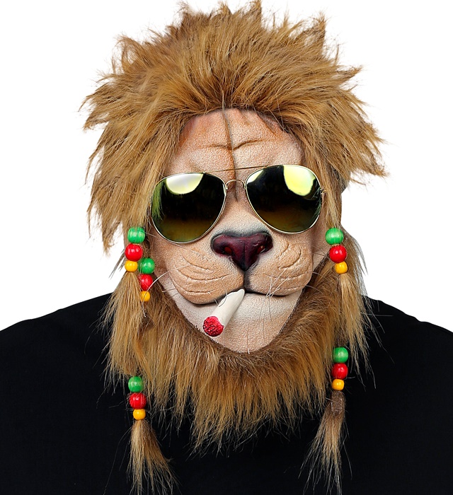 [03302] "MASQUE DEMI-TÊTE LION RASTA AVEC CRINIÈRE EN PELUCHE, TRESSES PERLÉES ET LUNETTES DE SOLEIL"