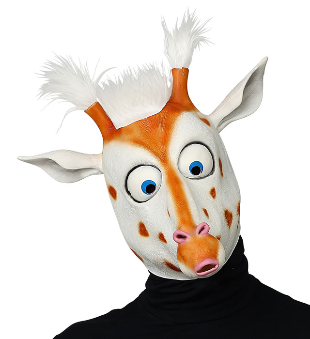 [03303] "MASQUE TÊTE ENTIÈRE GIRAFFE À GROS YEUX AVEC CHEVEUX EN PELUCHE"