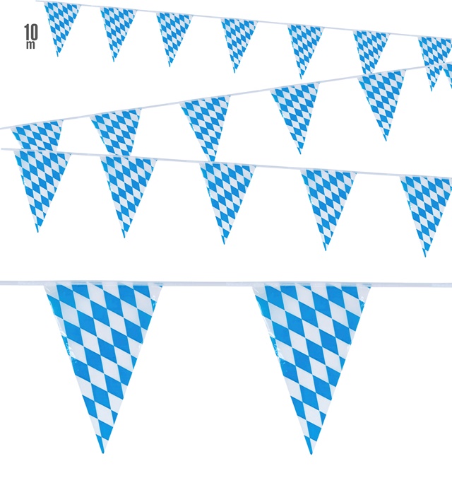 [03326] "GUIRLANDE DRAPEAU BAVIERE EN PVC" 10 m - adapté pour l'extérieur (20 drapeaux de taille 20x30 cm)
