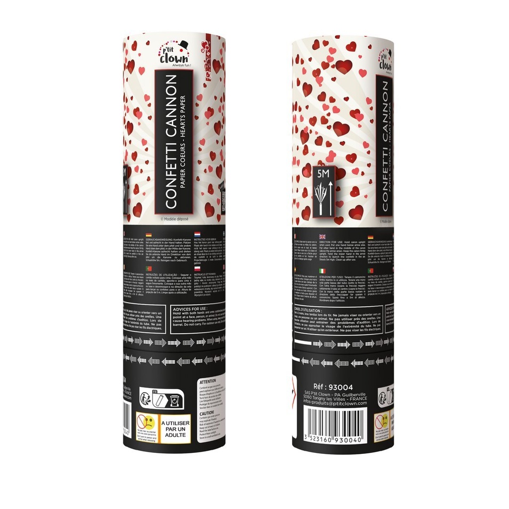 [PTC-93004] Canon à confettis papier - 20 cm - cœur rouge