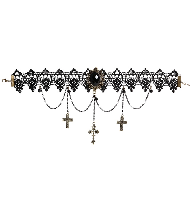 "COLLIER GOTHIQUE EN DENTELLE AVEC PENDENTIF PIERRE NOIR, CHAINES ET CROIX"