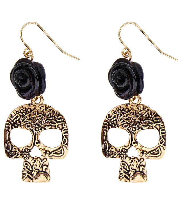 [03504] "PAIRE DE BOUCLES D'OREILLES ROSE NOIRE SUR CRANE DORé"