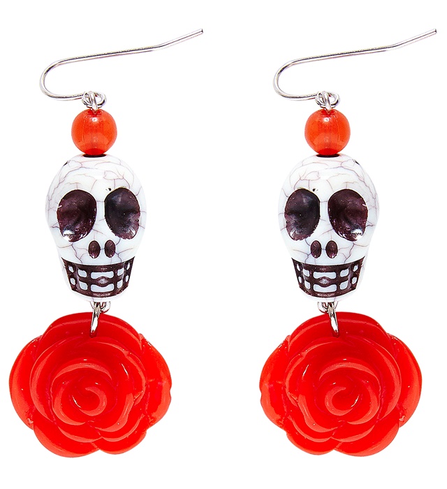 [03506] "PAIRE DE BOUCLES D'OREILLES DE CRANE BLANC SUR ROSE ROUGE"