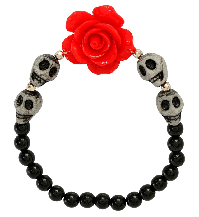 [03508] "BRACELET PERLES AVEC ROSE ROUGE ET CRANES BLANCS"