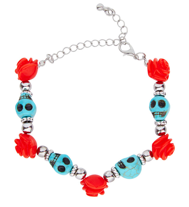 "BRACELET PERLES AVEC  CRANES TURQUOISES ET ROSES ROUGES"