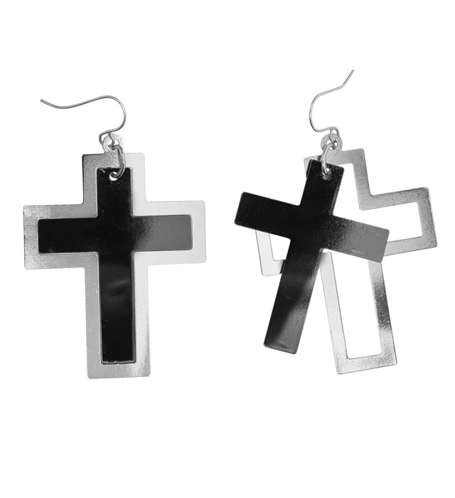 [03565] Paire de"BOUCLES D'OREILLES CROIX ARGENT ET NOIRE"