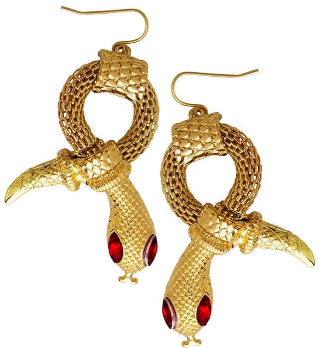 Paire de "BOUCLES D'OREILLES SERPENT DORé AVEC YEUX PIERRES ROUGES"