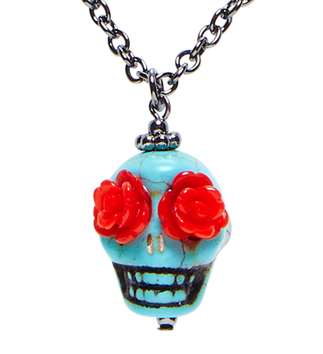 [03584] "COLLIER CRANE TURQUOISE AVEC YEUXEN ROSES ROUGES"
