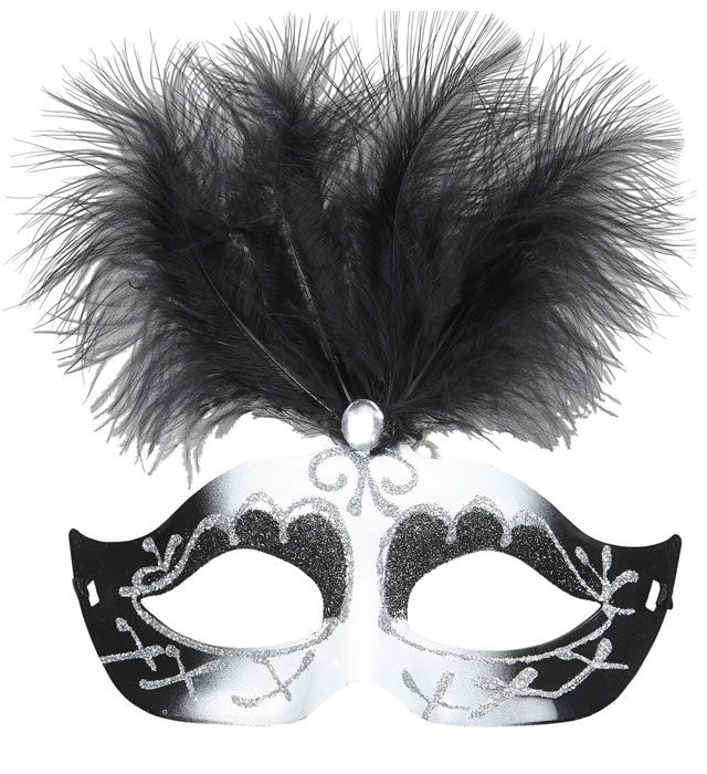 [03653] "LOUP VENISE NOIR ET BLANC AVEC BRILLANTS, PIERRES ET PLUMES"