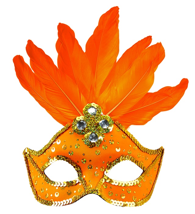 "LOUP NEON ORANGE BRESIL AVEC PAILLETTES HOLOGRAPHIQUES, PIERRES, BORDURE PAILLETTES OR ET PLUMES"