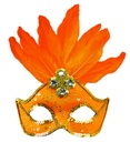 "LOUP NEON ORANGE BRESIL AVEC PAILLETTES HOLOGRAPHIQUES, PIERRES, BORDURE PAILLETTES OR ET PLUMES"
