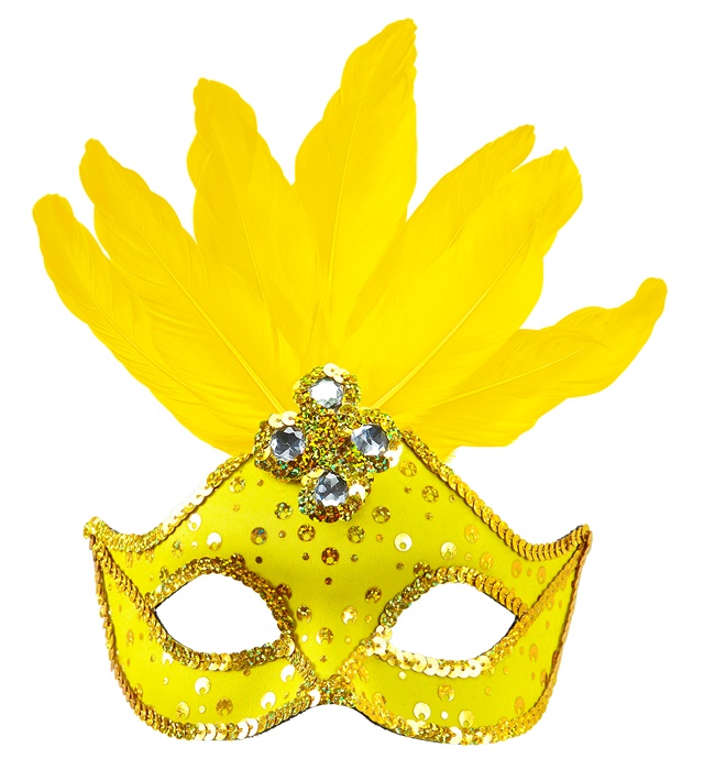 "LOUP NEON JAUNE BRESIL AVEC PAILLETTES HOLOGRAPHIQUES, PIERRES, BORDURE PAILLETTES OR ET PLUMES"