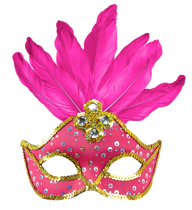 "LOUP NEON ROSE BRESIL AVEC PAILLETTES HOLOGRAPHIQUES, PIERRES, BORDURE PAILLETTES OR ET PLUMES"