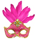 "LOUP NEON ROSE BRESIL AVEC PAILLETTES HOLOGRAPHIQUES, PIERRES, BORDURE PAILLETTES OR ET PLUMES"