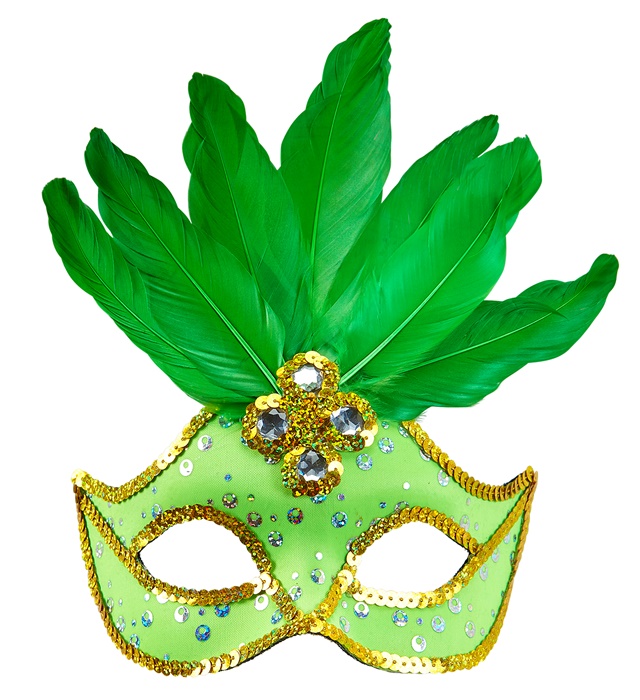"LOUP NEON VERT BRESIL AVEC PAILLETTES HOLOGRAPHIQUES, PIERRES, BORDURE PAILLETTES OR ET PLUMES"