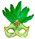 "LOUP NEON VERT BRESIL AVEC PAILLETTES HOLOGRAPHIQUES, PIERRES, BORDURE PAILLETTES OR ET PLUMES"